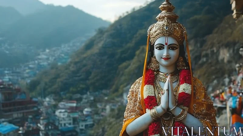 Hindu deity statue in prayer pose overlooking mountain town.
