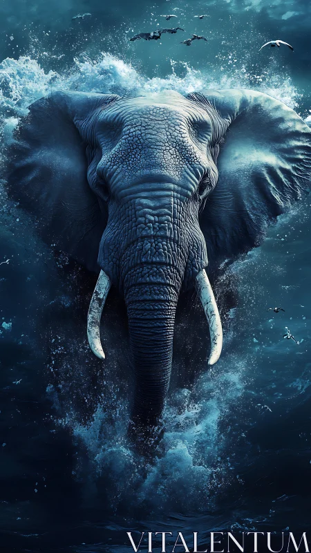 Majestic ocean elephant rising through twilight waves.