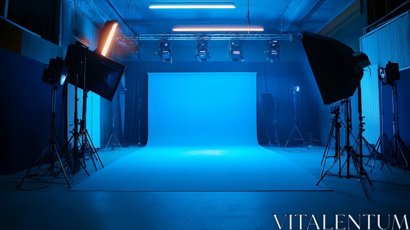 Cinematic blue cyclorama studio with symmetrical LED key lighting