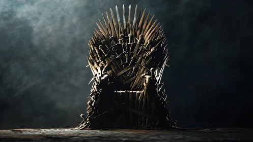 Iron throne constructed from swords under dramatic lighting