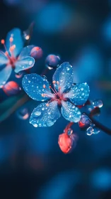 Bioluminescent Petals with Dewdrops: Macro Botanical Study.