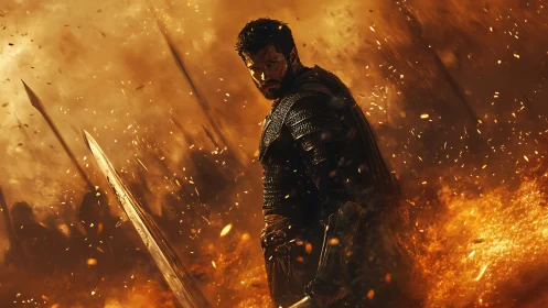 Digital painting of armored warrior in fiery battlefield environment.