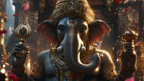 Divine Ganesh idol radiates golden light in sacred temple hall