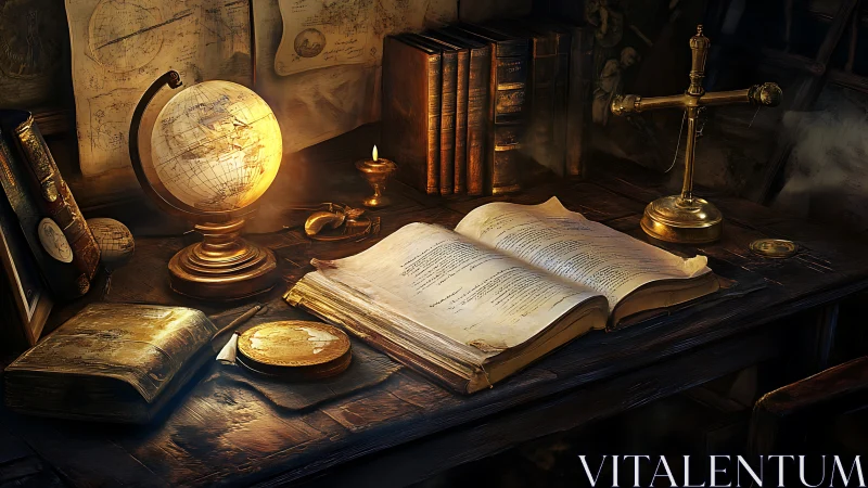 Old wooden desk contains globe, open book, and brass scale