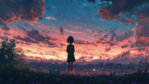 Solitary girl watches neon city under blazing sunset sky.