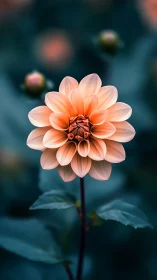 Coral dahlia bloom in sharp focus with soft teal bokeh background
