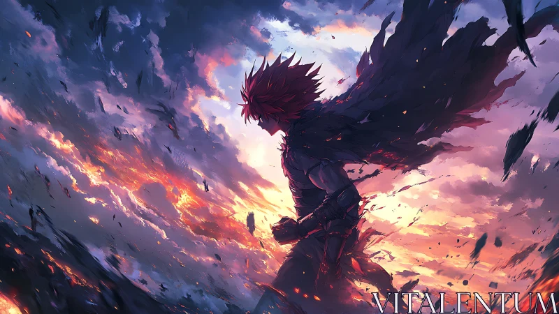 Storm-swept warrior silhouette against blazing twilight sky.