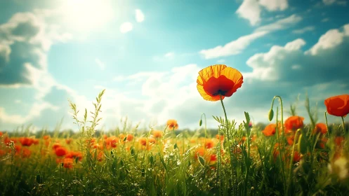Backlit orange poppy field under dynamic cumulus sky at noon