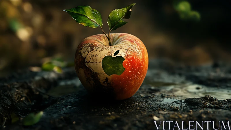 Hybrid apple logo grows from weathered organic fruit shell