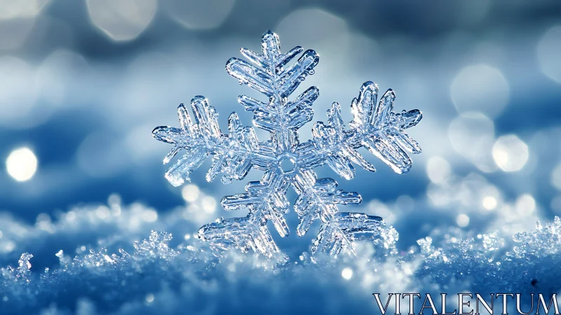 Macro study of crystalline snowflake symmetry in winter bokeh field.