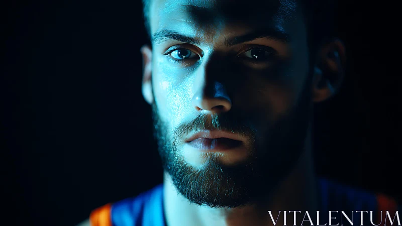 Moody bearded portrait glows under dramatic blue studio light.