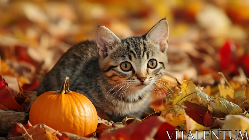 Tabby Kitten Among Autumn Leaves with Decorative Pumpkin