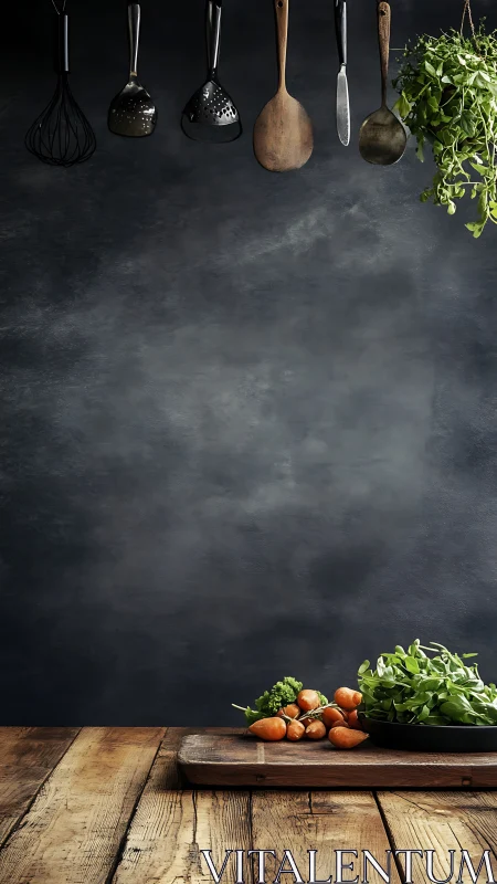 Rustic kitchen still life with herbs, carrots, and utensils.