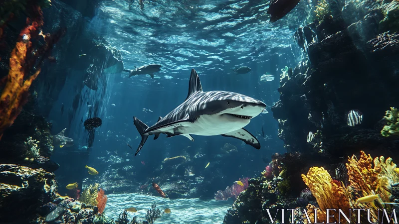 Graceful shark gliding through a sunlit coral canyon.