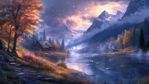 Golden autumn cabin rests beside a misty mountain river