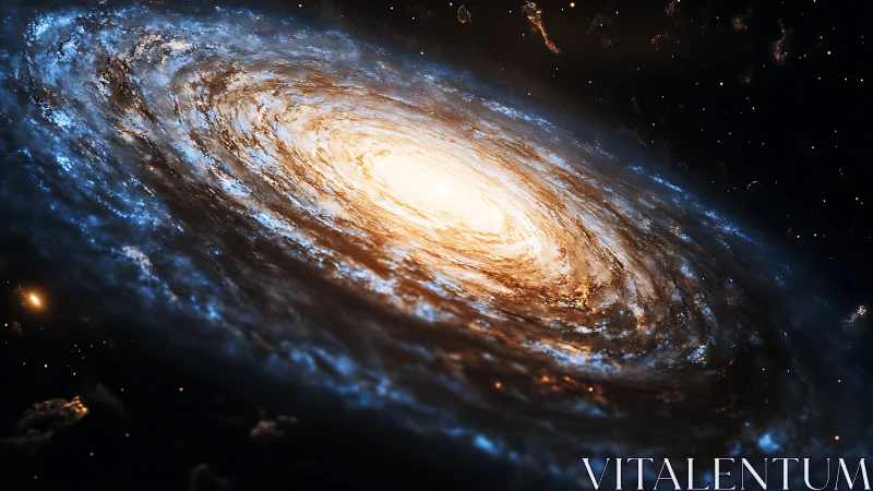 Spiraling stellar galaxy with glowing golden core in space.