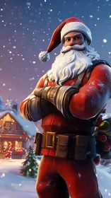 3D stylized Santa in tactical suit amid snowy chalet village