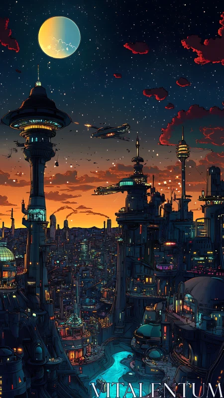 Futuristic river city under large moon at dusk sky.