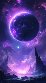 Cosmic violet exoplanet over crystalline alien seascape.