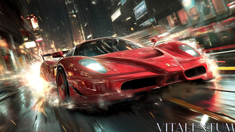 Red supercar accelerates through wet neon city street at night