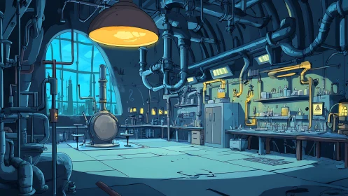Midnight alchemy hums quietly inside the pipe-tangled lab
