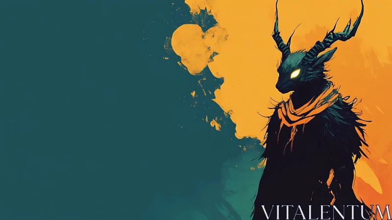 Horned humanoid silhouette stands against divided color field