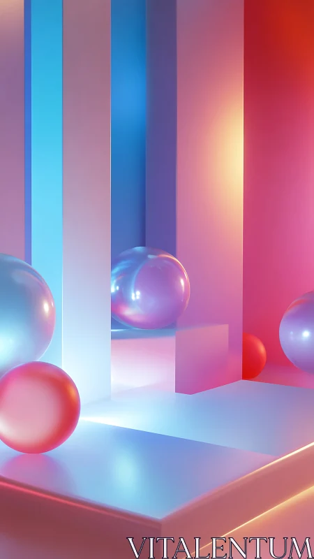 Chromatic gradient corridors with reflective spheres in 3D space.