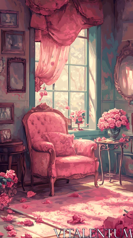 Romantic pink sitting room glows in soft afternoon light.