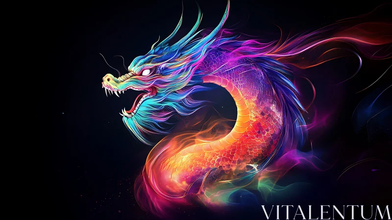 Radiant cosmic dragon curls in glowing rainbow fire