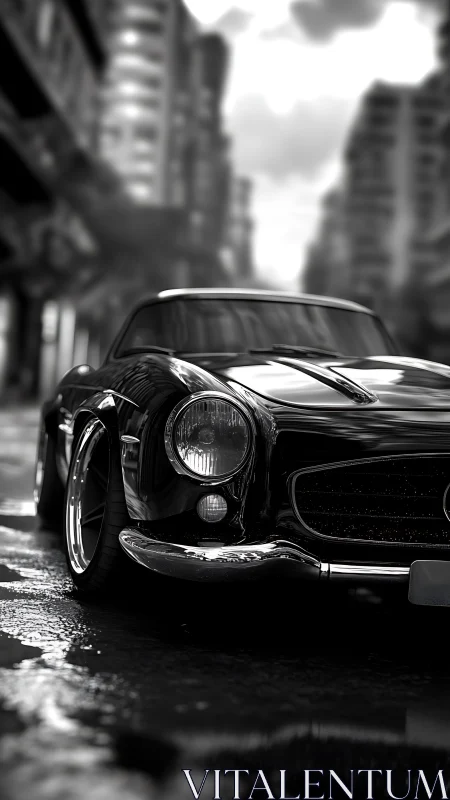 Classic black sports car on wet city street at dusk.