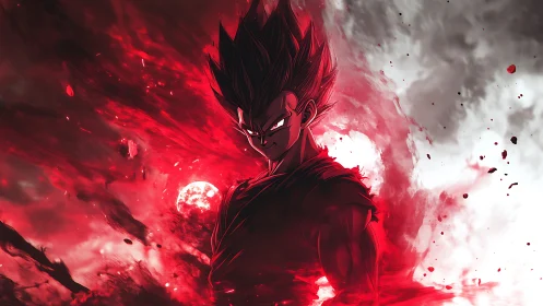 Dark anime warrior amid explosive red cosmic energy storm.