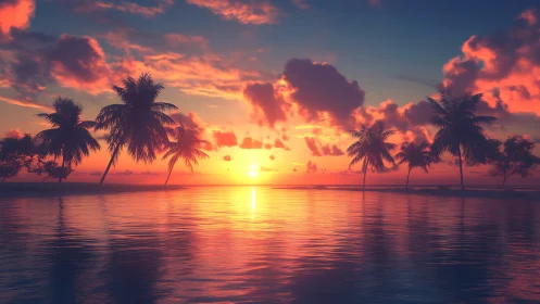 Tropical palm island sunset over calm reflective water.