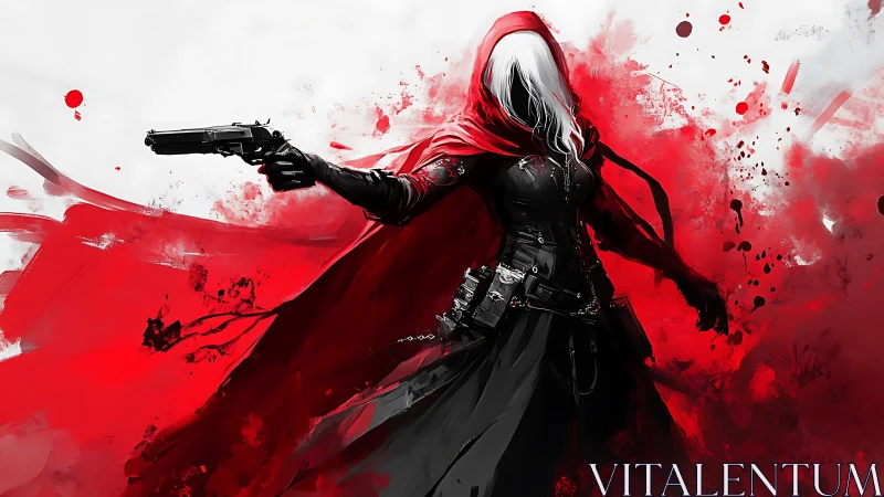 Hooded gunslinger in scarlet cloak amid bloodred spray.
