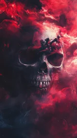 Human skull rendered in red and dark vaporous surroundings.
