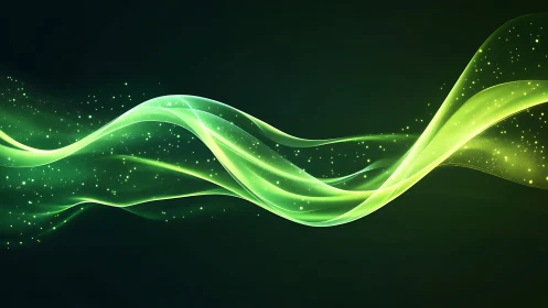 Luminous green energy wave with glowing particle trails.