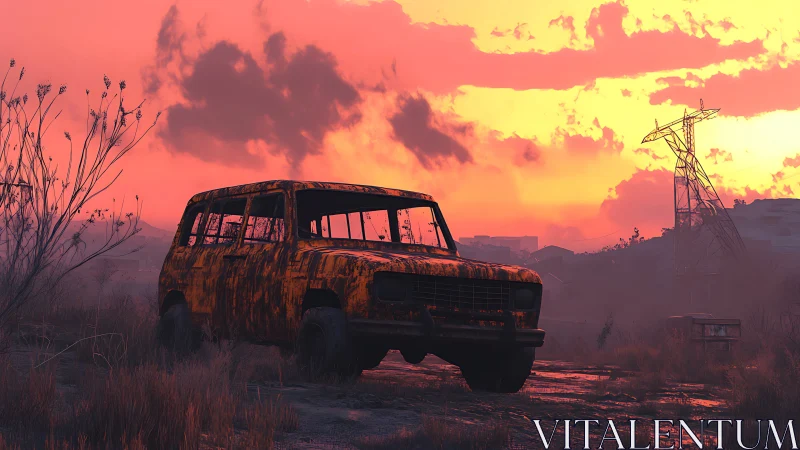 Rusted SUV sits abandoned in overgrown field at sunset