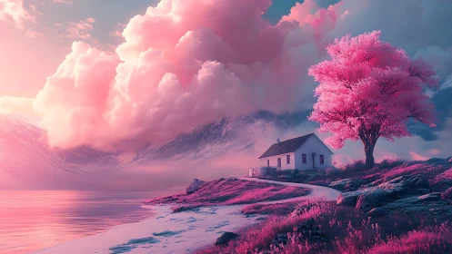 Rendered landscape with coastal dwelling and chromatic atmospheric effects.