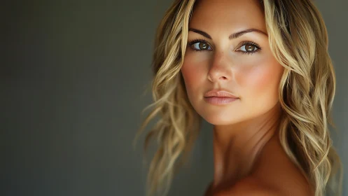 Close-up portrait of woman with wavy blonde hair, neutral.