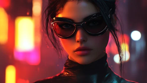 Cyberpunk heroine wears glossy visor under neon glow