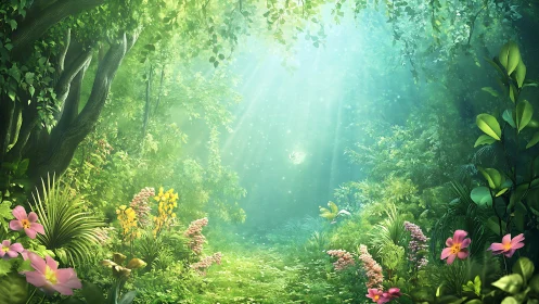 Forest pathway with flowering vegetation and atmospheric lighting.