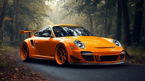 Sunburst Porsche pauses mid-forest sprint on a misty road