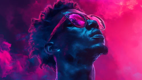 Neon-lit portrait isolates stylized face in vibrant smoke