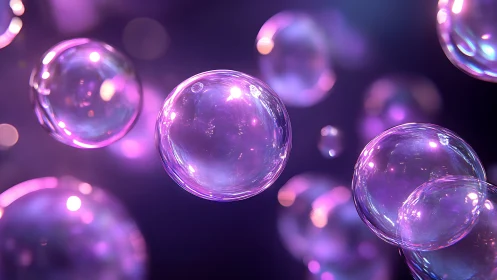 Iridescent translucent bubbles in violet illuminated environment.