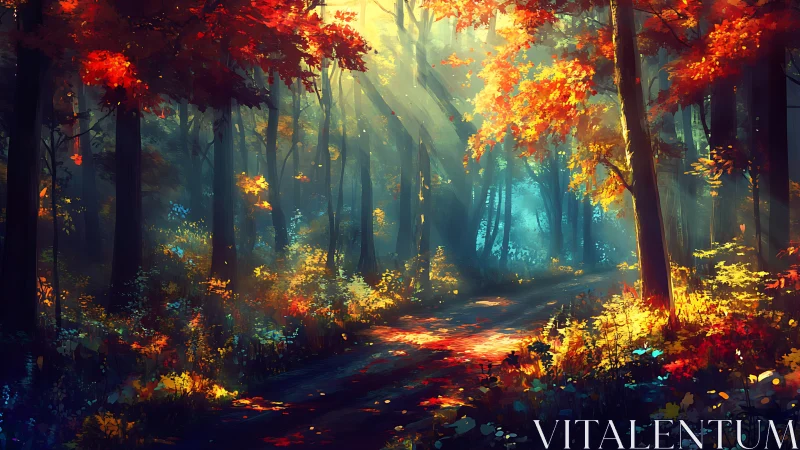 Luminous Forest Path Through Autumn Canopy.