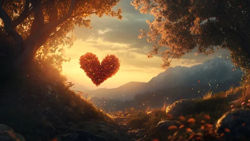 Red Heart Floats Among Autumn Trees at Golden Sunset