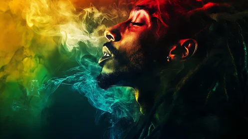 Profile portrait in colored smoke with warm side light.