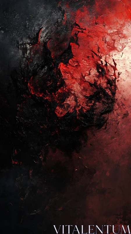 Crimson vortex collides with black void in molten abstraction.