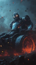 Armored mech rider dominates rain-soaked battlefield inferno