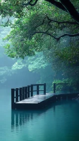 Wooden lakeside pier extends over still water in rainfall