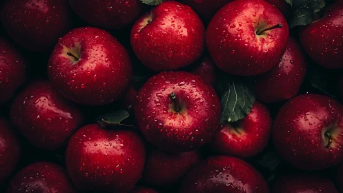 Moody macro still life of red apples with dewdrop texture.